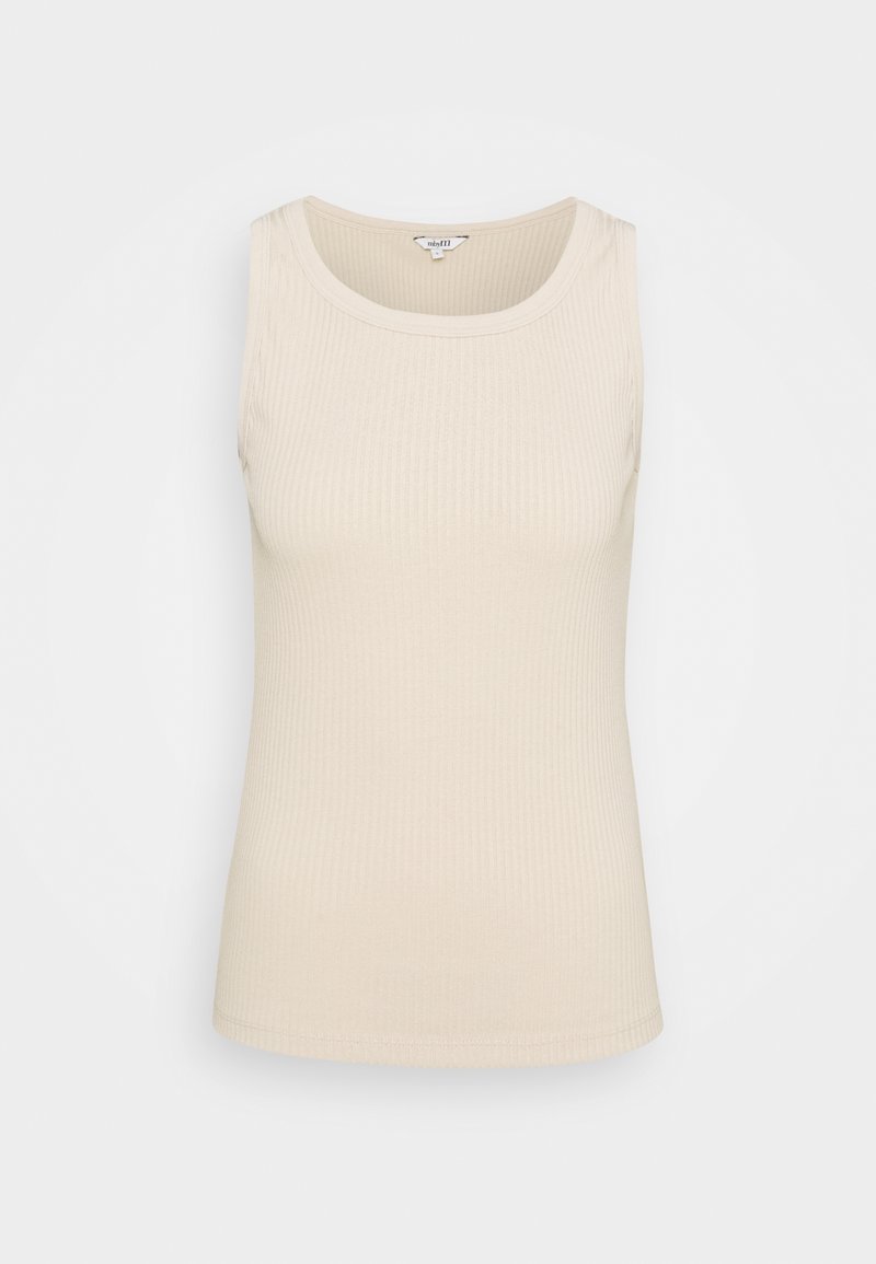 Débardeur côtelé beige clair, avec un col rond et un design sans manches. Texture lisse avec une silhouette ajustée.