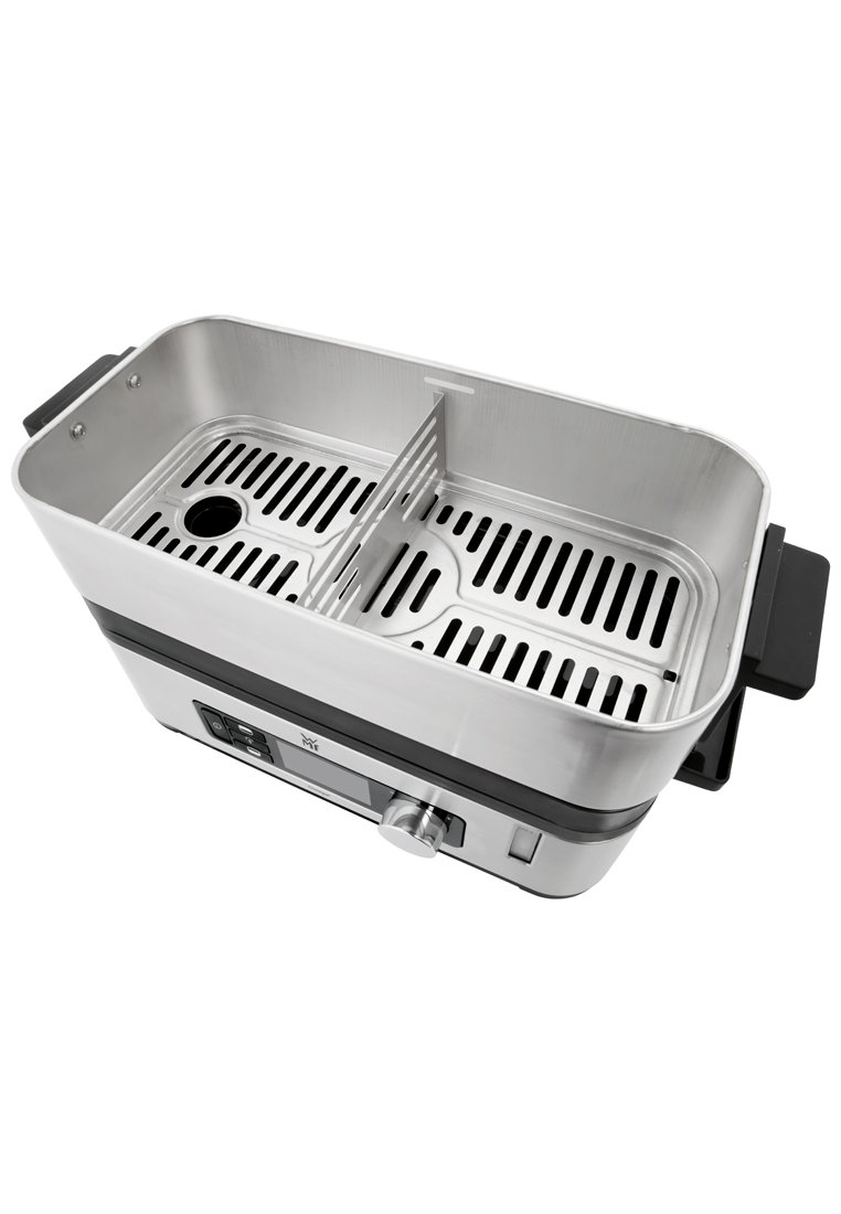 Edelstahlgrill mit rechteckiger Form, geteilter Innenraum, geschlitzter Boden für die Ableitung, vorderes Bedienfeld und runder Knopf.
