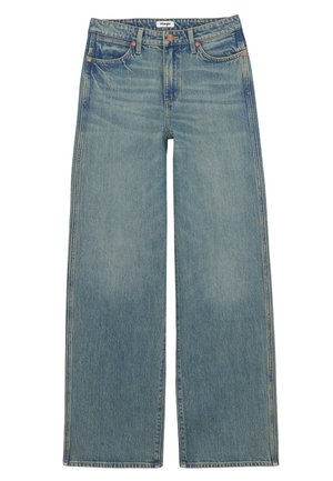 Ανοιχτό μπλε τζιν παντελόνι με ψηλή μέση και φαρδιά μπάρα, με μπροστινές τσέπες, θηλιές για ζώνη, κλείσιμο με κουμπί και λεπτές αποχρωματισμένες λεπτομέρειες.
