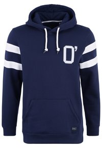 Sudadera con capucha de color azul marino, con rayas blancas en las mangas, un bolsillo frontal y un logo "O'" en el pecho. Material en mezcla de algodón.