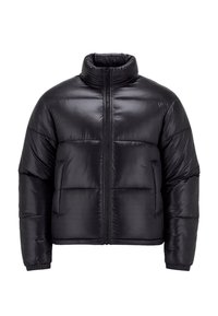 Jachetă puf din material lucios, neagră, cu guler înalt, fermoar frontal, două buzunare laterale, mâneci lungi și manșete elastice.