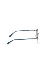 Metall-Sonnenbrille mit runden Gläsern und türkisfarbenen Acetat-Armen. Sie verfügt über ein elegantes Design mit silbernen Akzenten im Gestell und einer glänzenden Oberfläche.