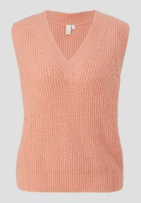 Maglione senza maniche color corallo chiaro con scollo a V, texture a coste e un fit rilassato. Il tessuto appare morbido e leggermente peloso.