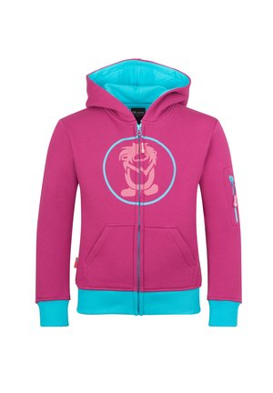 Hooded zip-up sweatshirt in pink with blue accents and a large animal graphic on the front. Features two front pockets and a side zip pocket.