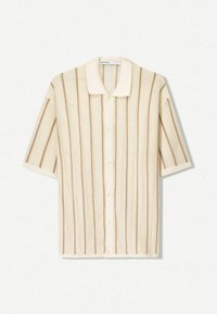 Short-sleeve shirt made of beige knit fabric with vertical cream stripes, a collared neck, and button-front closure.