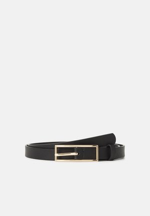 Black leather belt with a sleek, matte finish. Features a rectangular gold-tone metal buckle and a smooth strap design.