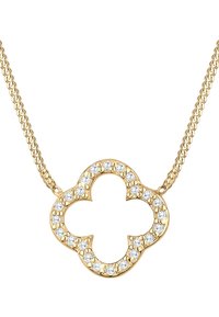 Collar de oro con un colgante en forma de trébol, que presenta piedras preciosas claras alrededor de un centro abierto. La cadena tiene un diseño enlazado.