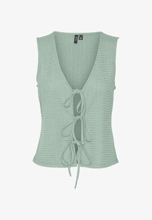 Lys grønn ermeløs topp med dyp V-hals, teksturert stoff og frontknuter. Har en tettsittende silhuett og et ribbet mønster over hele.