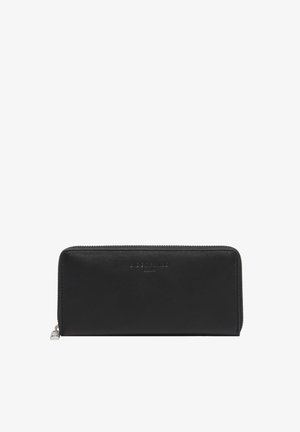 Black leather zip-around wallet with subtle embossed brand name on front, silver zipper pull, rectangular shape.