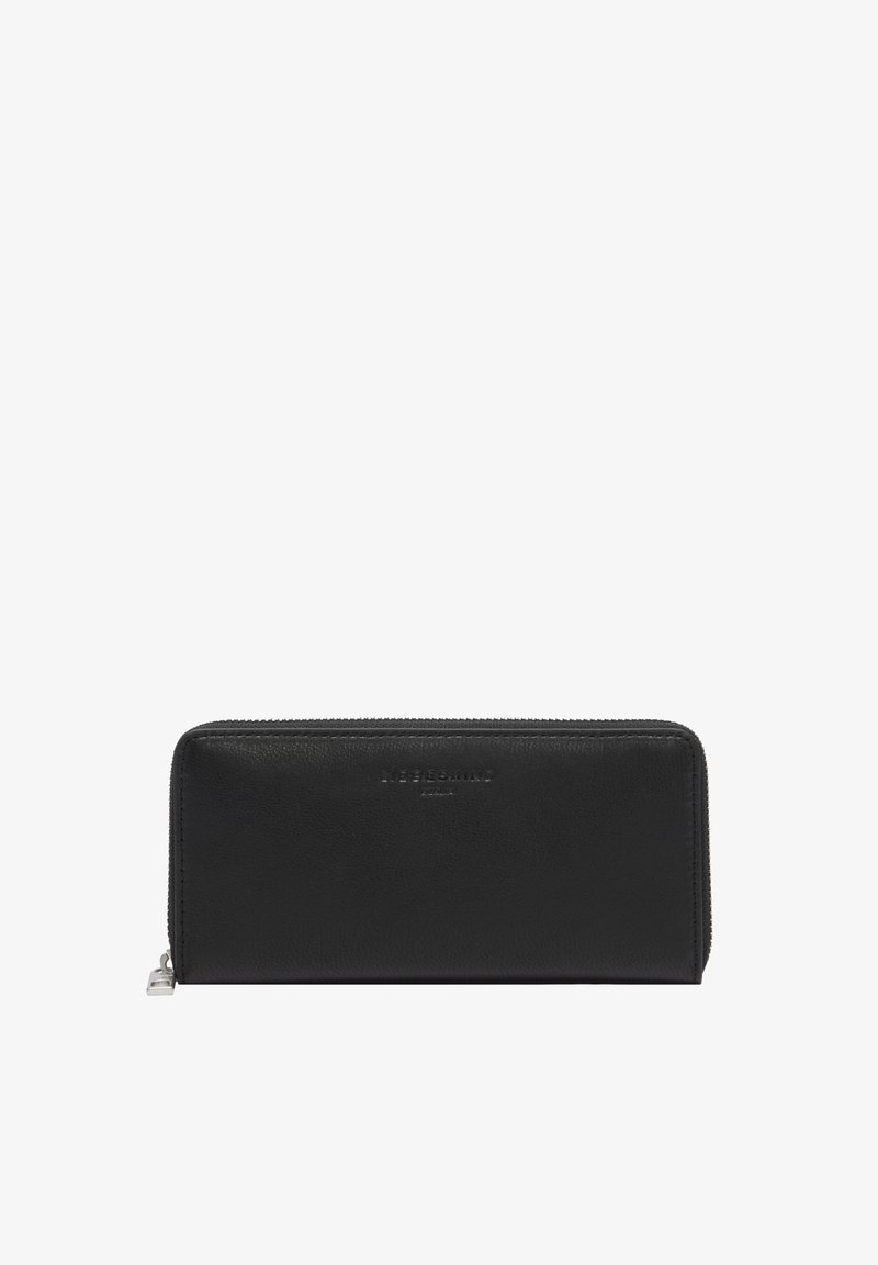 Czarny skórzany portfel zapinany na zamek, z subtelnym wytłoczonym logo marki na przedniej stronie, srebrnym suwakiem, o prostokątnym kształcie.