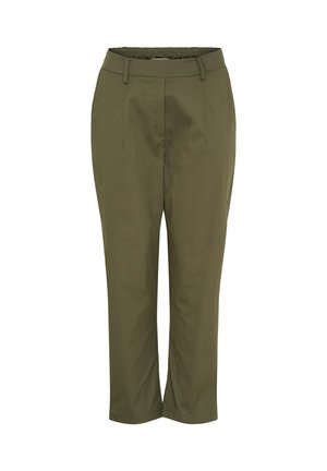 Olivenfarvede bukser med elastisk talje, tapered ben design og frontfolder. Glat stoftekstur uden synlige mønstre eller accenter.