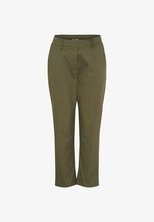Olivenfarvede bukser med elastisk talje, tapered ben design og frontfolder. Glat stoftekstur uden synlige mønstre eller accenter.