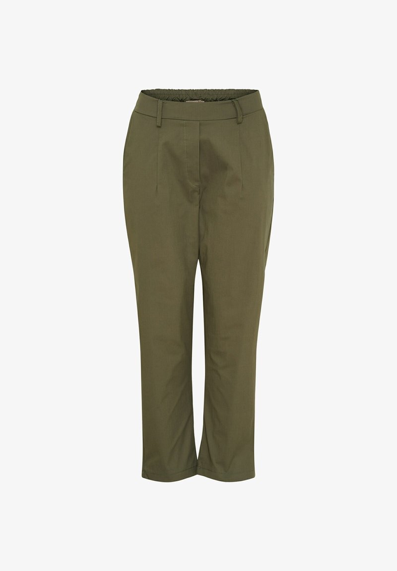 Olivenfarvede bukser med elastisk talje, tapered ben design og frontfolder. Glat stoftekstur uden synlige mønstre eller accenter.