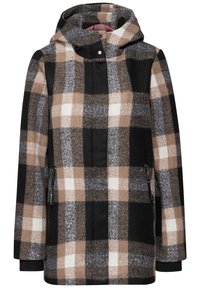 Rutigt överdrag i svart, beige, brunt och grått. Tillverkat av ull, med huva, fickor fram med dragkedja och ribbade ärmslut.