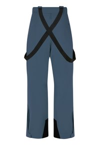 Blauwe waterdichte broek met verstelbare zwarte banden. Beschikt over een recht design, zwarte accenten bij de boorden en verstevigde knieën.