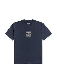 Navy cotton T-shirt with short sleeves and a crew neckline; features a square palm tree graphic in green and tan on the chest.