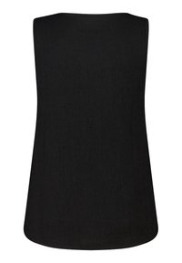 Zwarte mouwloze tuniek met een ontspannen pasvorm, voorzien van een textuurstof en een gebogen zoom. Eenvoudig ontwerp met een ronde halslijn.