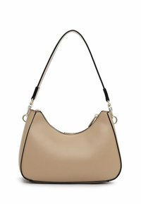 Beige Handtasche aus Kunstleder mit einer geschwungenen Silhouette, schwarzem Besatz und einem kurzen Tragegurt. Verfügt über einen Reißverschluss und eine glatte Oberfläche.