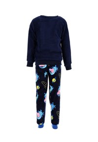 Navy blue fleece sweatshirt with long sleeves paired with matching pajama pants featuring a space theme: rockets and astronauts in bright colors.