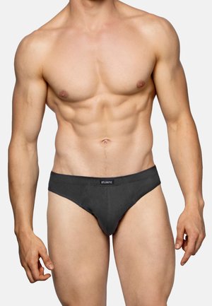 Ciemnoszare męskie majtki, wykonane z miękkiego materiału z elastycznym pasem. Posiadają kieszonkę z przodu i minimalistyczny design bez wzorów.