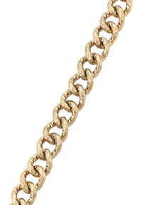 Gouden gestructureerde schakels in diagonale positie op een witte achtergrond, met een close-up van het gekoppelde patroon en de oppervlaktedetails.