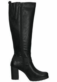 Botte noire en cuir montant jusqu'aux genoux, avec une fermeture éclair latérale, une sangle décorative autour de la cheville, et un talon haut épais avec semelle crantée.