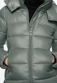 Steppjacke in gedämpftem Grün mit hohem Kragen, Reißverschluss und zwei vorderen Taschen; gestepptes Design mit glänzender Textur und gepolsterten Bereichen.