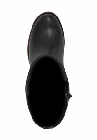 Botín negro de cuero hasta el tobillo con textura suave, punta redondeada y cremallera lateral. El interior es oscuro sin detalles visibles de forro.