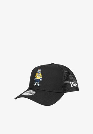 Black cap with a curved brim and mesh back. Features an embroidered mascot in yellow and blue on the front, showcasing detailed design.