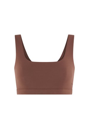Reggiseno sportivo marrone con ampie spalline e scollo quadrato, realizzato in tessuto liscio ed elastico.