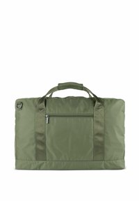 Olijfgroene duffelbag gemaakt van duurzaam stof. Voorzien van een ritssluiting aan de voorkant en stevige stoffen handvatten. Rechthoekige vorm.