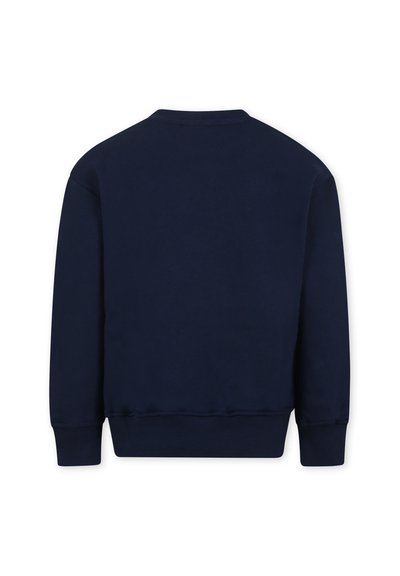 Felpa blu navy con colletto a girocollo, polsini e orlo in costina. Tessuto in cotone morbido con un design semplice e classico. Vista posteriore mostrata.