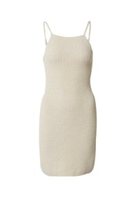 Strickkleid in Off-White mit dünnen Trägern, einfarbigem Muster, taillierter Silhouette und strukturiertem Stoff. Der Saum reicht bis zur Mitte des Oberschenkels.