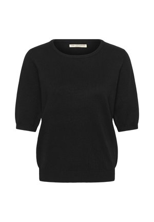 Musthave mustarastik ja ümarate kaelustega, kolmveerandi varrukatega ja mugava lõikega must kootud sviiter. Pehme tekstuur ja minimalistlik disain. Polnud n�ähtavaid mustreid.