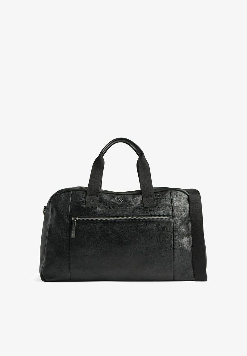 Sac de voyage en cuir noir avec deux petites poignées, une poche avant zippée et une longue bandoulière réglable.