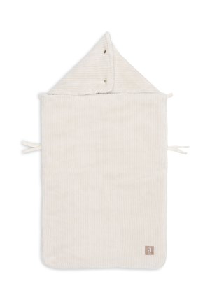 Serviette de bain à capuche en tissu côtelé doux, couleur crème, avec des liens. Dispose d'une capuche pointue avec deux fermetures à pression et d'un petit patch logo.