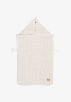 Haaldoek in zachte, romige ribstof met ties. Heeft een puntige capuchon met twee drukknoopjes en een klein logo label.