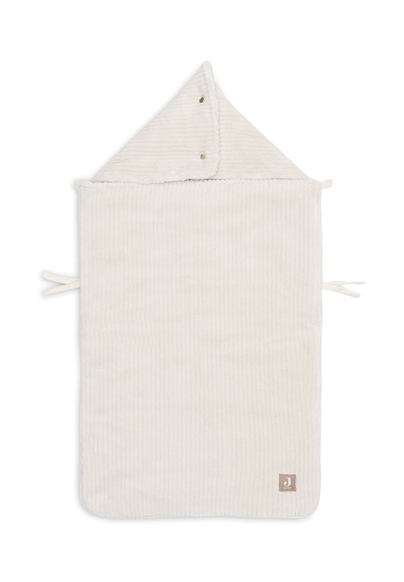 Haaldoek in zachte, romige ribstof met ties. Heeft een puntige capuchon met twee drukknoopjes en een klein logo label.