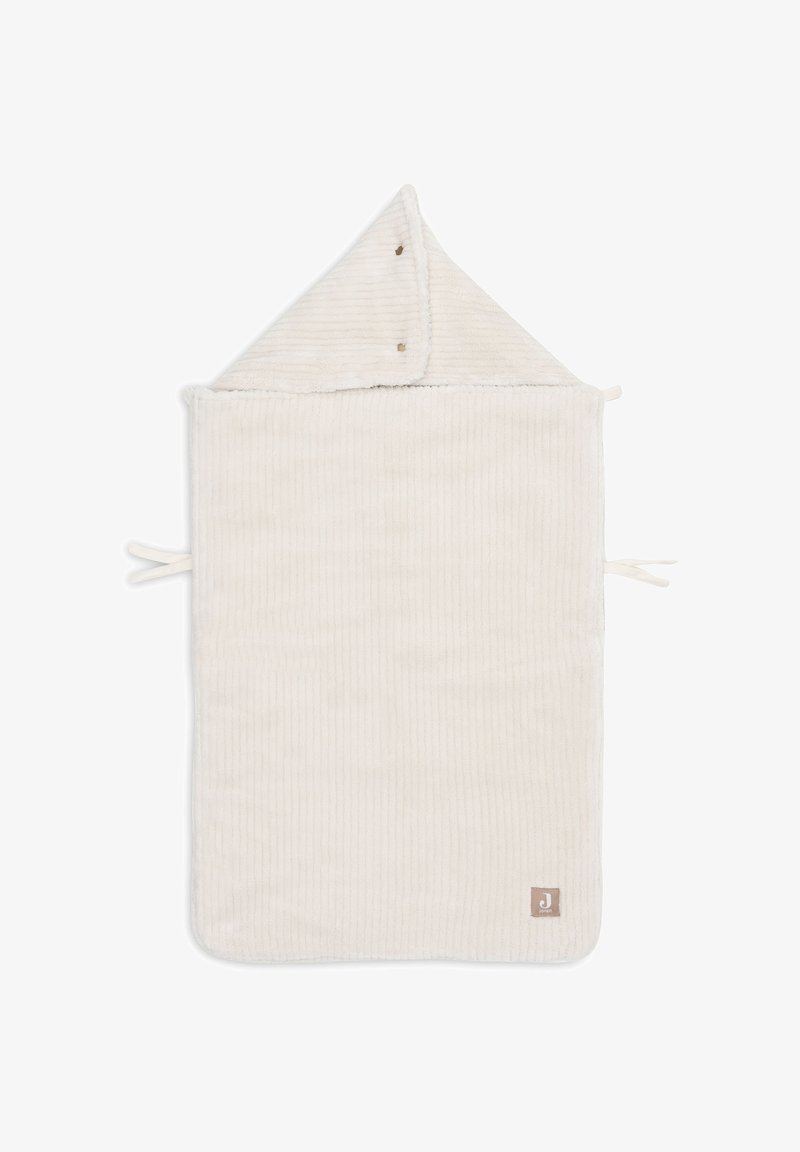 Haaldoek in zachte, romige ribstof met ties. Heeft een puntige capuchon met twee drukknoopjes en een klein logo label.