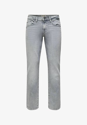 Jean droit gris clair avec fermeture par bouton et zip, poches avant et arrière, présenté sur fond blanc.