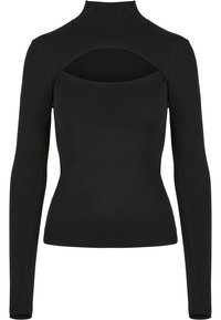 Svart långärmad topp med hög hals och utskärning på baksidan. Tillverkad av ett mjukt tyg med en åtsittande design.