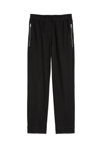 Zwarte rechte broek met elastische tailleband, knoopsluiting en ritszakken aan de zijkant, tentoongesteld op een witte achtergrond.