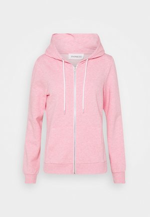 Lichtroze hoodie met lange mouwen en rits, met voorzakken, verstelbare witte koordjes en capuchon, weergegeven op een effen achtergrond.