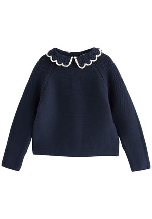 Granatowy sweter z dzianiny z długimi rękawami i falistym, białym wykończeniem na szydełkowanym kołnierzu.