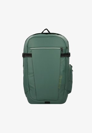 Sac à dos en nylon vert au design épuré, avec une poche zippée à l'avant, une poche en mesh sur le côté et un détail de logo. Il est équipé de bretelles rembourrées réglables.