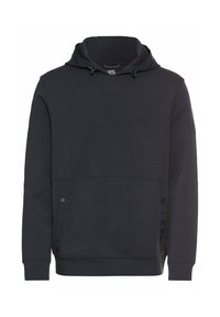 Donker marineblauwe pullover hoodie gemaakt van zacht materiaal. Beschikt over een voorzak, een capuchon met trekkoord en drukknoopaccenten aan de zijkanten.