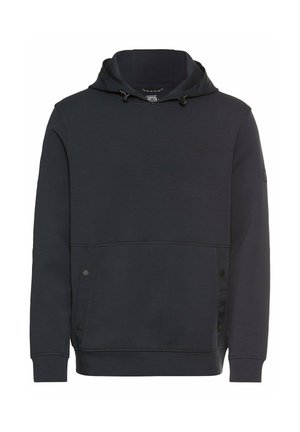 Donker marineblauwe pullover hoodie gemaakt van zacht materiaal. Beschikt over een voorzak, een capuchon met trekkoord en drukknoopaccenten aan de zijkanten.