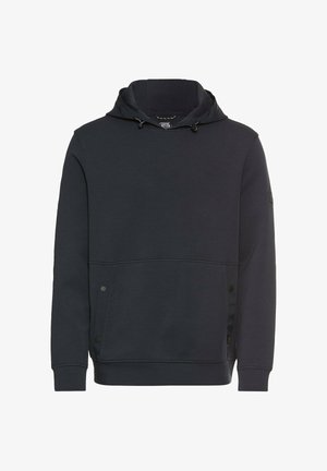 Mørkeblå pullover hoodie lavet af blødt materiale. Har en frontlomme, snoretræk i hætten og trykknapdetaljer på siderne.
