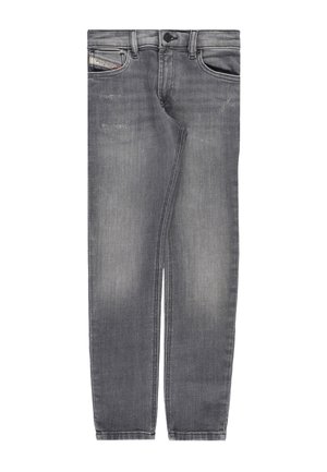 Jeans grigi da uomo slim fit con lievi effetti di usura, bottone frontale, cerniera e design a cinque tasche, inclusa una piccola etichetta brandizzata nella tasca frontale.
