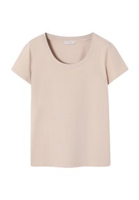 T-shirt beige clair en coton doux avec un col rond et des manches courtes, présentant un ourlet inférieur droit et des détails de couture minimalistes.